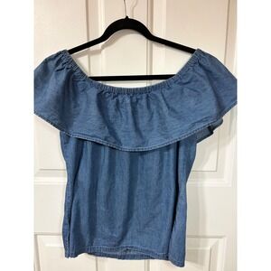 Cavalini | Denim Off The Shoulder Ruffle Top | L || Blue|